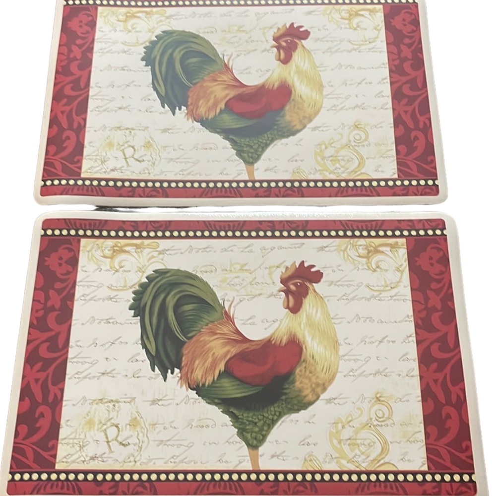 Set of 2~Rooster Print Kitchen Placemats By Kitchen Trends 12" X 18" Red & Green